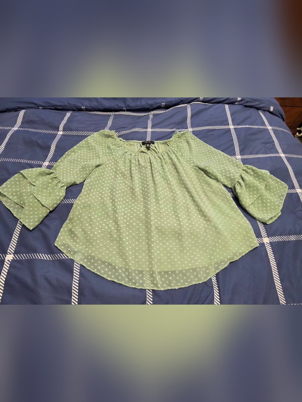 BCX Light Green Polka Dot Peasant Blouse